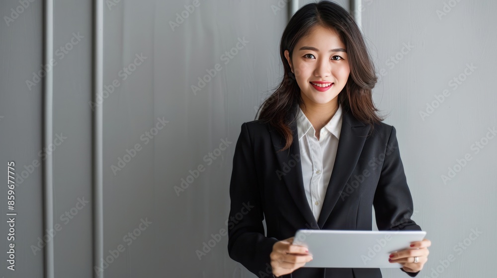 An Asian businesswoman in a business suit holding a tablet An Asian businesswoman in a business suit holding a tablet