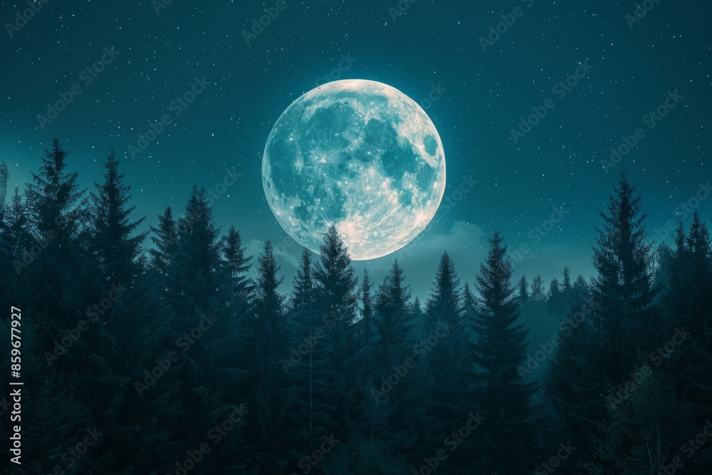 Fototapeta premium Full Moon Rising Over Pine Forest at Night