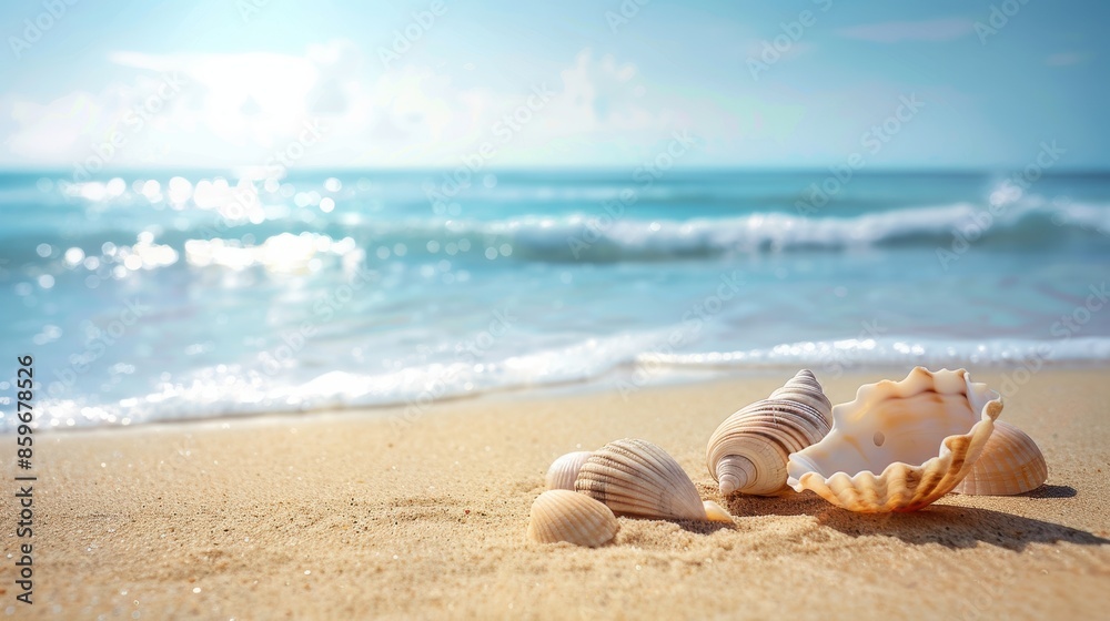 Serene Beach with Seashells on White Sand and Turquoise Waves Under a Sunny Sky Serene Beach with Seashells on White Sand and Turquoise Waves Under a Sunny Sky