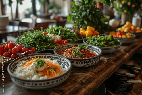 A line of metal bowls filled with colorful vegetables and salad. A vibrant display of fresh vegetables in a restaurant salad bar. Fresh vegetables in a salad bar at a restaurant. Vegan Food. © John Martin