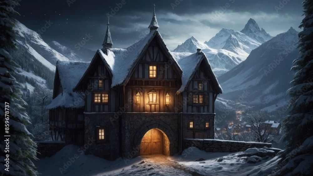 Fantastic castle landscape, winter in the mountains Fantastic castle landscape, winter in the mountains