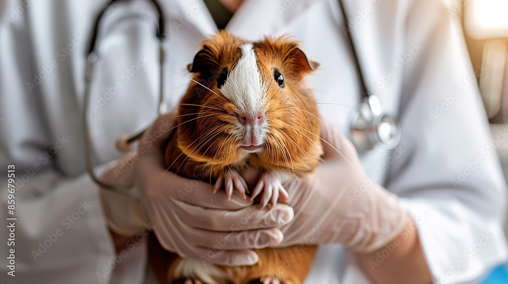 veterinarian doctor with stethoscope holding cute guinea pig in arms in veterinary clinic on white background banner. veterinary. veterinarian doctor with stethoscope holding cute guinea pig in arms in veterinary clinic on white background banner. veterinary.
