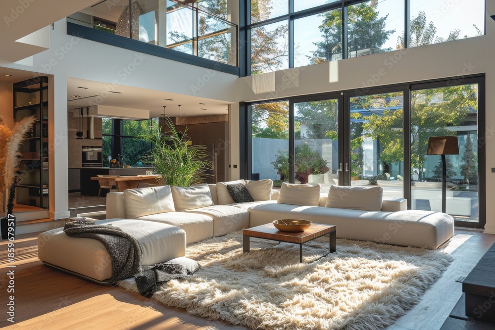Modern Living Room with Large Windows and Cozy Decor Modern Living Room with Large Windows and Cozy Decor