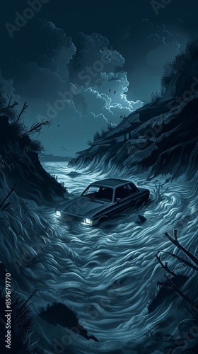 A sinister scene of a car sinking into quicksand. ,Dark Color light ,vectorline design , illustration , Mobile Wallpaper