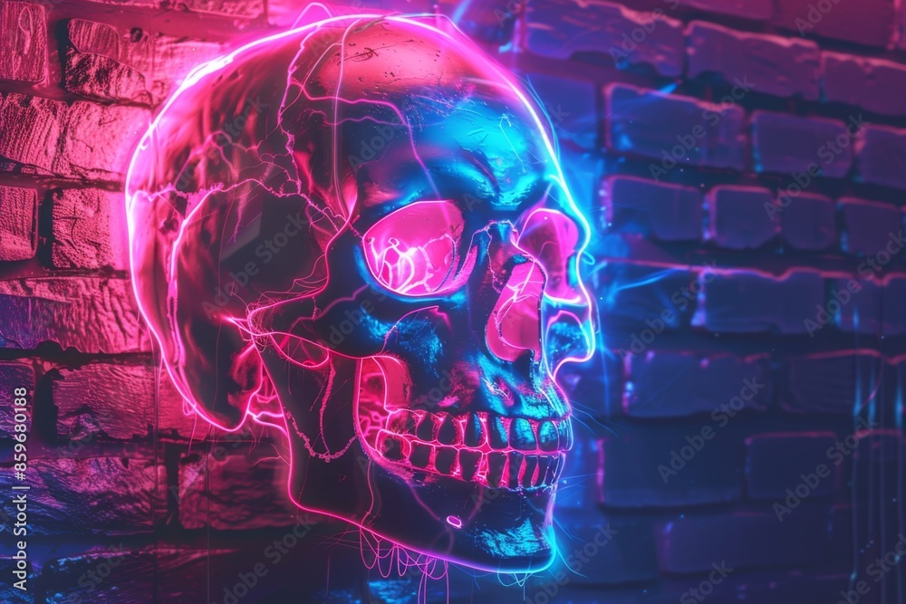 Obraz premium Neon Skull Against Brick Wall