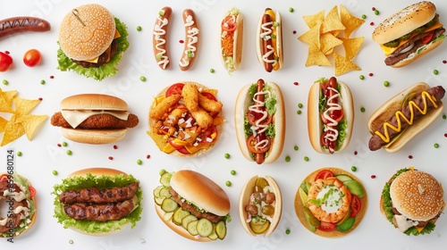 Burgers, hotdogs, chicken nuggets, sandwiches, tacos, steaks, nachos, and prawns on a white background.