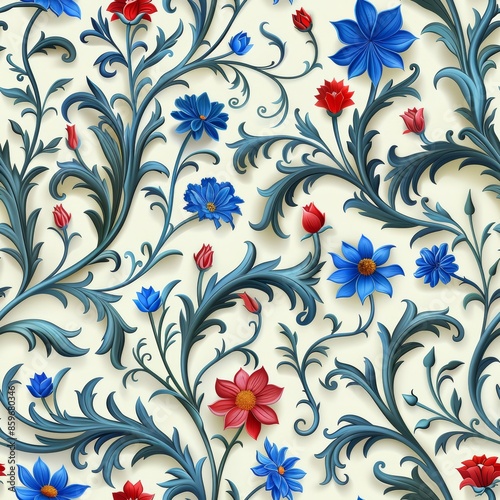 Red, white, and blue floral pattern on white background with vibrant red and blue flowers
