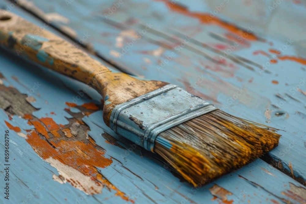 Fototapeta premium Old Paintbrush on Weathered Wooden Surface