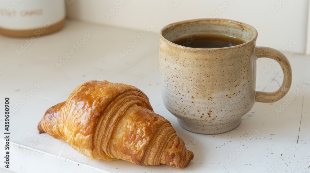 Croissant next to artisan coffee mug on a white backdrop Croissant next to artisan coffee mug on a white backdrop