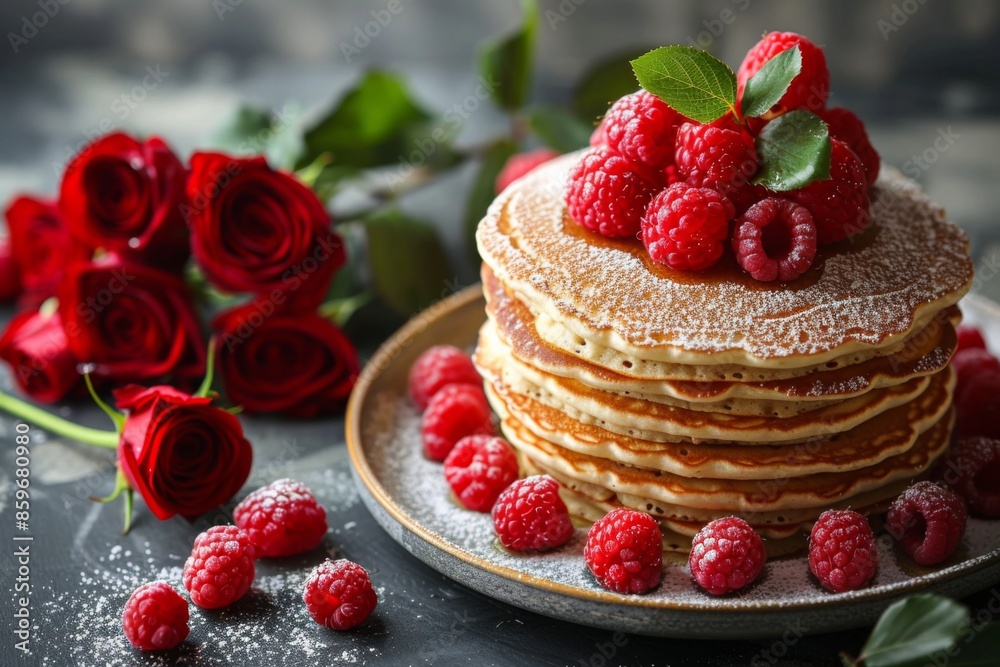 Stack of Pancakes with Fresh Raspberries and Roses Stack of Pancakes with Fresh Raspberries and Roses