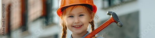 little girl with tools in construction helmet. Selective focus