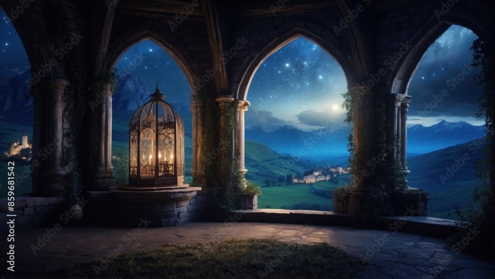 Fototapeta premium Magic castle on the background of mountains and moonlight