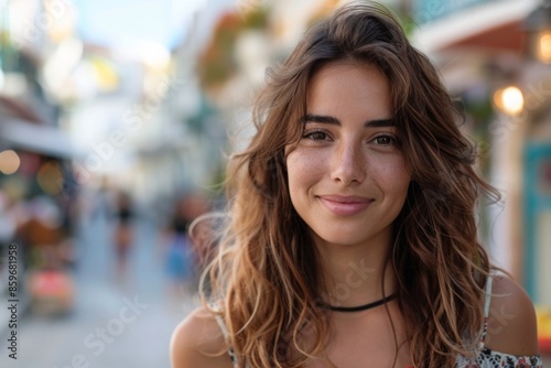 Portrait of a young woman on a vibrant street