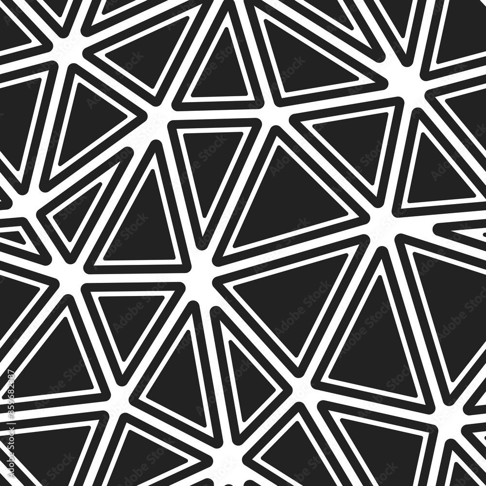 Minimalistic triangles background. Rounded solid shapes in frames. Big triangles size. Black and white style. Repeatable pattern. Modern vector tiles. Seamless vector illustration. Minimalistic triangles background. Rounded solid shapes in frames. Big triangles size. Black and white style. Repeatable pattern. Modern vector tiles. Seamless vector illustration.