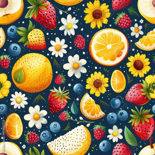 Berries, flowers, and leaves seamless pattern for wallpaper, wrapping paper, fabric, textiles