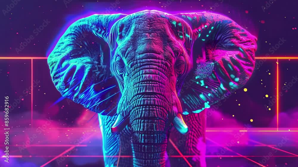 Elephant with colorful neon retro wave background animation.