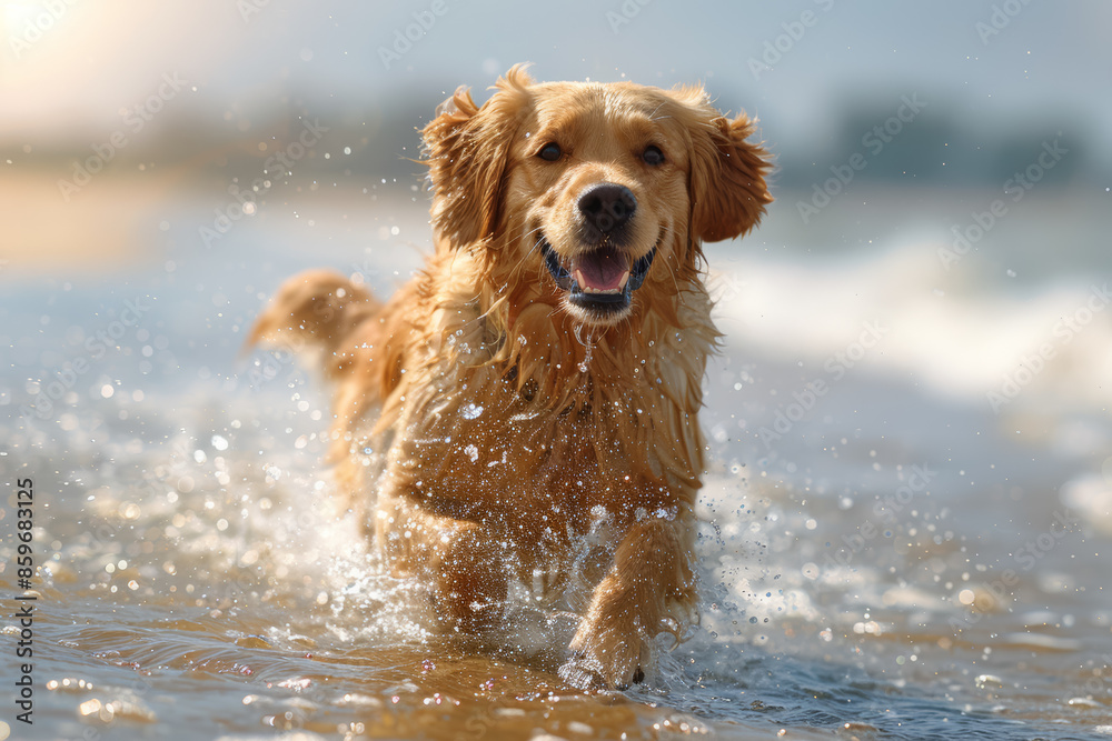 A dog running freely on a beach, splashing in the waves. Concept of pure happiness and freedom. Generative Ai. A dog running freely on a beach, splashing in the waves. Concept of pure happiness and freedom. Generative Ai.