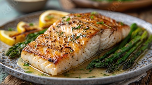 A meticulously grilled fish fillet served with slices of lemon and asparagus, offering a wholesome and delectable meal complemented by fresh herbs for added flavor. photo