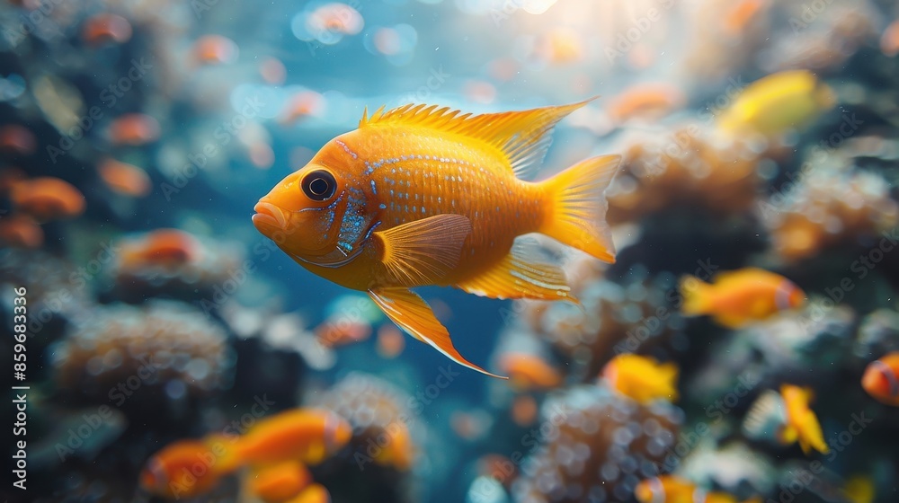 A stunning photograph of a bright orange fish gliding through a vibrant coral reef, highlighting the vivid and dynamic colors of the marine environment and underwater life. A stunning photograph of a bright orange fish gliding through a vibrant coral reef, highlighting the vivid and dynamic colors of the marine environment and underwater life.