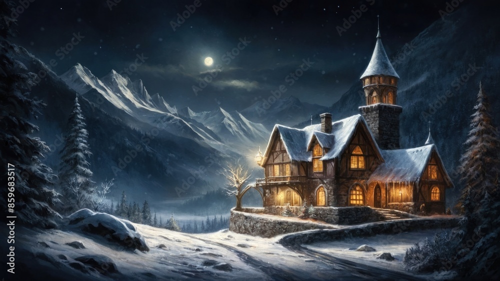 Fantastic castle landscape, winter in the mountains Fantastic castle landscape, winter in the mountains