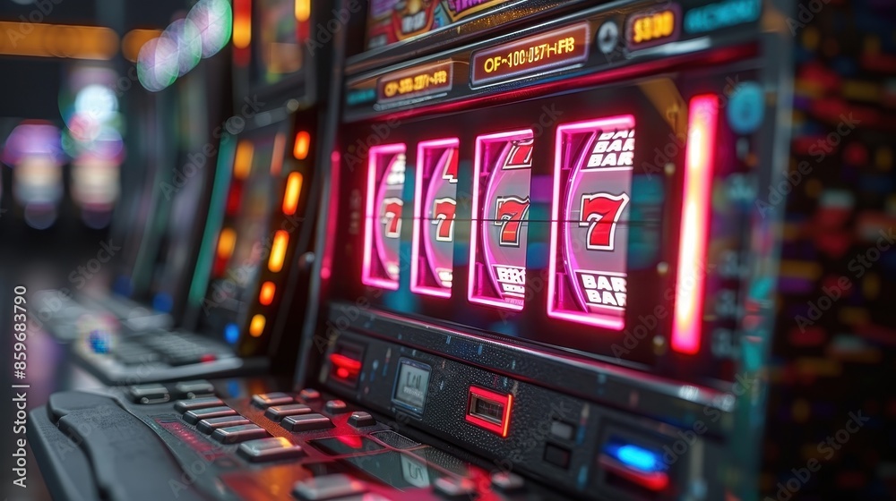 A highly detailed close-up of a state-of-the-art slot machine in a casino, showcasing its vibrant, glowing neon lights and colorful symbols, promising an exciting gaming experience. A highly detailed close-up of a state-of-the-art slot machine in a casino, showcasing its vibrant, glowing neon lights and colorful symbols, promising an exciting gaming experience.