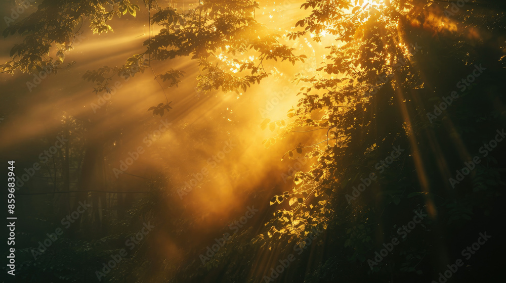 Sunlight streams through leaves in a forest, creating warm, golden rays and a misty atmosphere. Trees and foliage are bathed in a soft glow. Sunlight streams through leaves in a forest, creating warm, golden rays and a misty atmosphere. Trees and foliage are bathed in a soft glow.