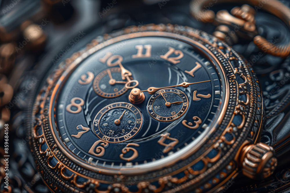 An intricately designed pocket watch showing the time. Concept of timekeeping and heritage. Generative Ai. An intricately designed pocket watch showing the time. Concept of timekeeping and heritage. Generative Ai.