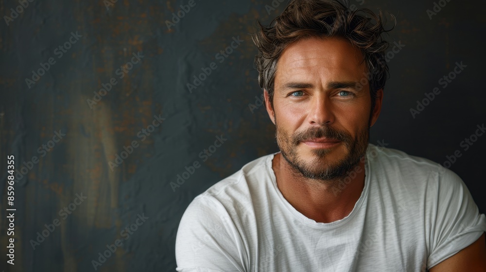 A bearded man sits relaxed in a white t-shirt against a textured, dark wall, reflecting a mix of rugged masculinity and contemporary casual style. A bearded man sits relaxed in a white t-shirt against a textured, dark wall, reflecting a mix of rugged masculinity and contemporary casual style.