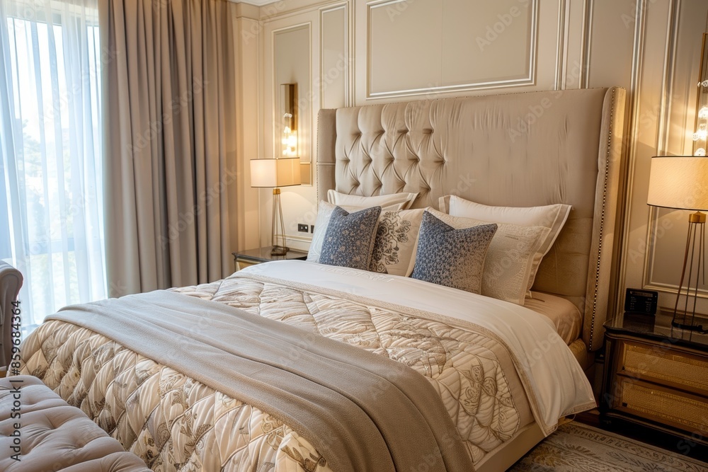 Fototapeta premium Luxurious Bedroom with High-End Mattress, Premium Bedding, and Sophisticated Decor - Perfect for Elegant Interior Design