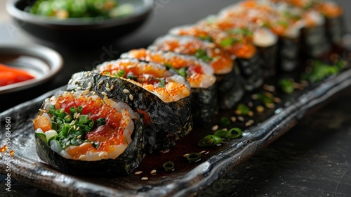 A close-up view of traditional sushi rolls presented in a row on a ceramic tray, garnished with fresh herbs, sesame seeds, and vibrant colors offering a visual delight.