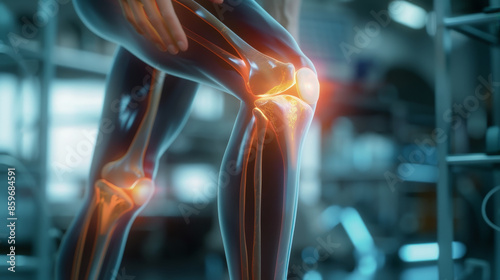 A woman's knee is in pain, and the image is of a knee joint photo
