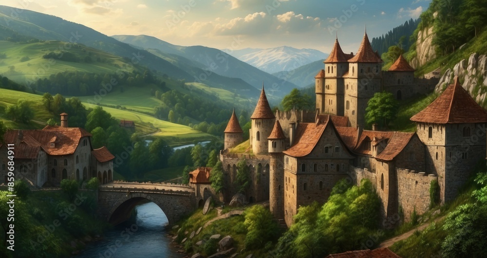 Naklejka premium Spring landscape of historic castle ruins against the background of beautiful and natural green hills illuminated by the sun rays