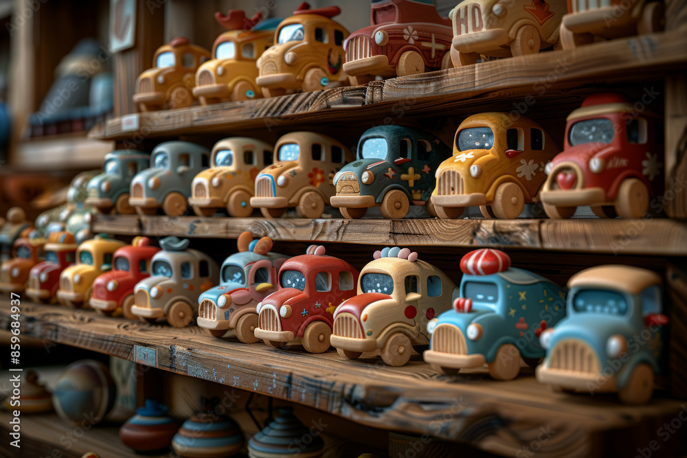 A handcrafted wooden toy on a shelf, representing simplicity and play. Concept of childhood and craftsmanship. Generative Ai. A handcrafted wooden toy on a shelf, representing simplicity and play. Concept of childhood and craftsmanship. Generative Ai.
