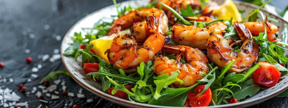 fresh juicy salad with shrimps. Selective focus fresh juicy salad with shrimps. Selective focus