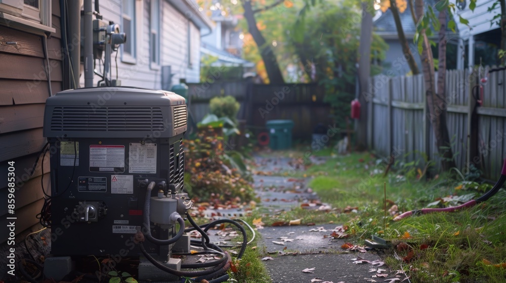 Naklejka premium Safe Operation of Gasoline Generator Outdoors Near Home During Power Outage - Emergency Preparedness