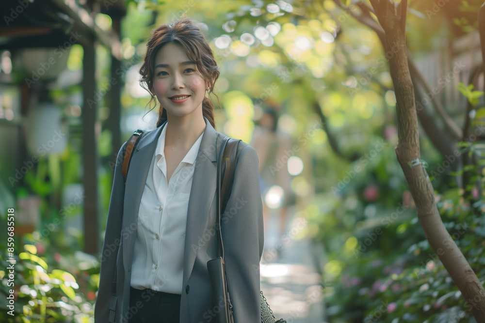 Smiling Japanese woman in a grey blazer walking through a lush garden. Outdoor portrait photography with greenery. Autumn season travel and professional lifestyle concept Smiling Japanese woman in a grey blazer walking through a lush garden. Outdoor portrait photography with greenery. Autumn season travel and professional lifestyle concept