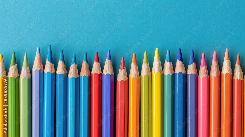Colorful pencils displayed on a blue backdrop Colorful pencils displayed on a blue backdrop