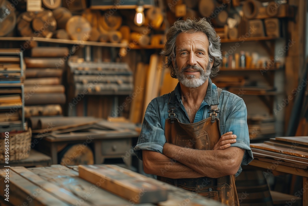 Smiling Woodworker in a Workshop With Tools and Materials Smiling Woodworker in a Workshop With Tools and Materials
