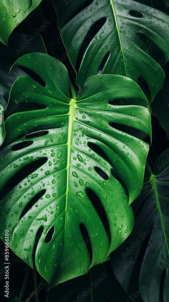 Fototapeta premium Lush Green Monstera Leaves Pattern Close Up