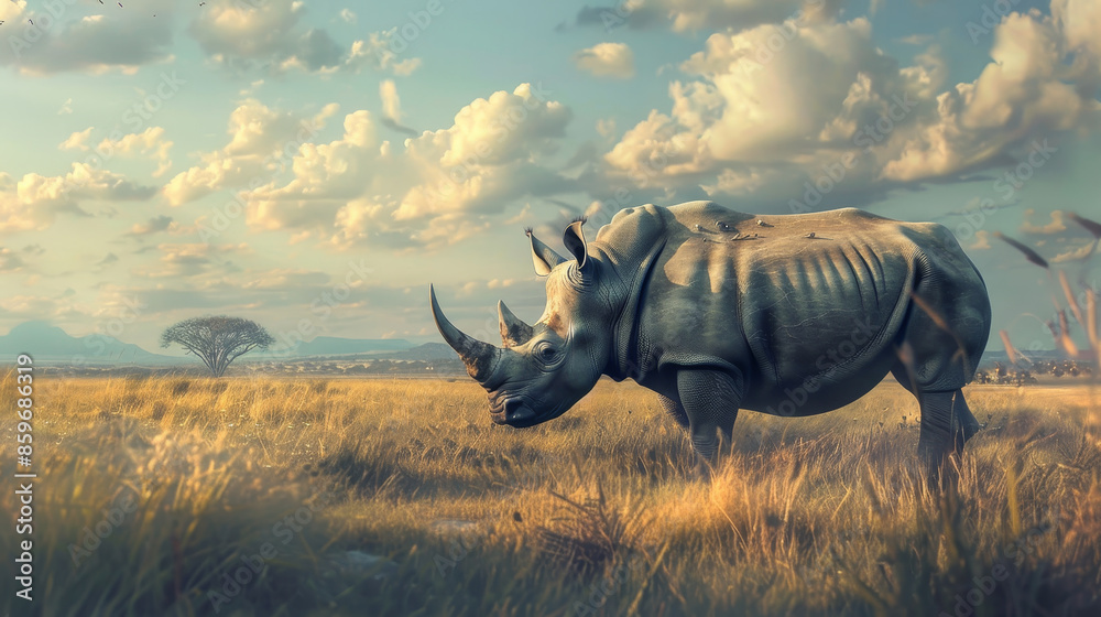 Fototapeta premium A rhino is standing in a field with a tree in the background