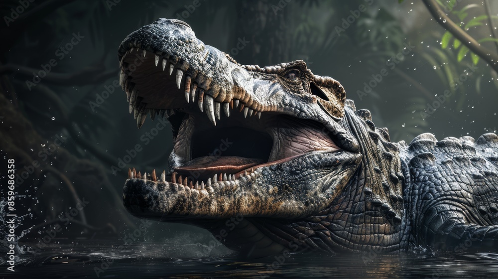 Fototapeta premium Close-Up of a Prehistoric Crocodile in a Dark, Misty Swamp