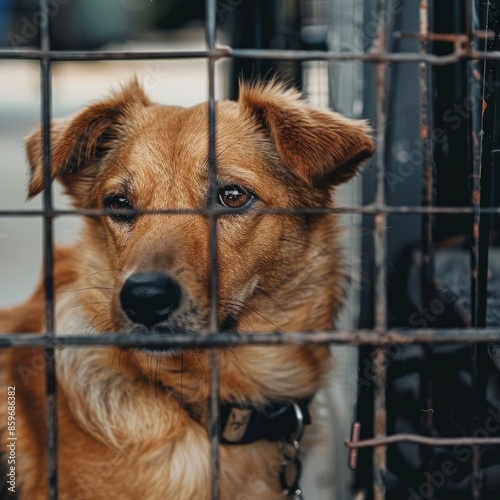 A brown dog is looking out of a cage