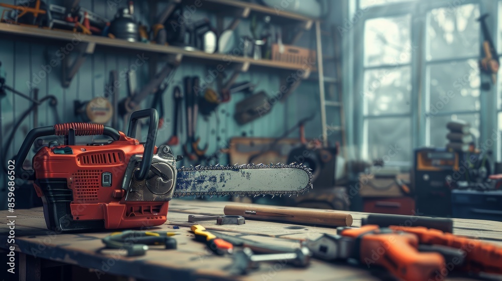 Fototapeta premium Modern Chainsaw on Workbench in Professional Workshop with Various Tools