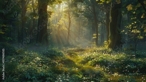 A serene forest scene at dawn, with the soft light of the rising sun filtering through the dense canopy, casting a gentle glow on the forest floor.