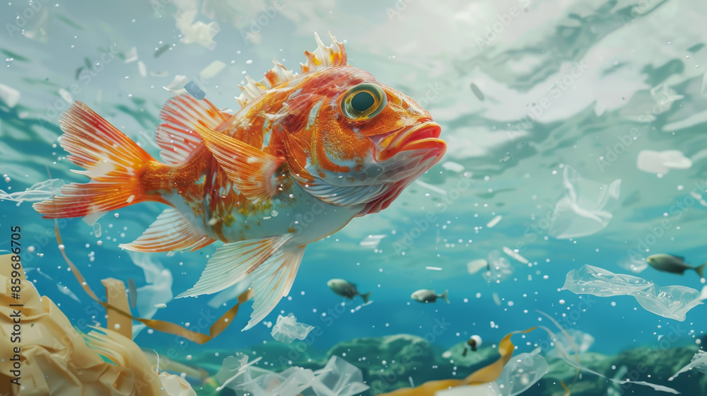 A fish is swimming in a body of water with plastic debris floating around it A fish is swimming in a body of water with plastic debris floating around it