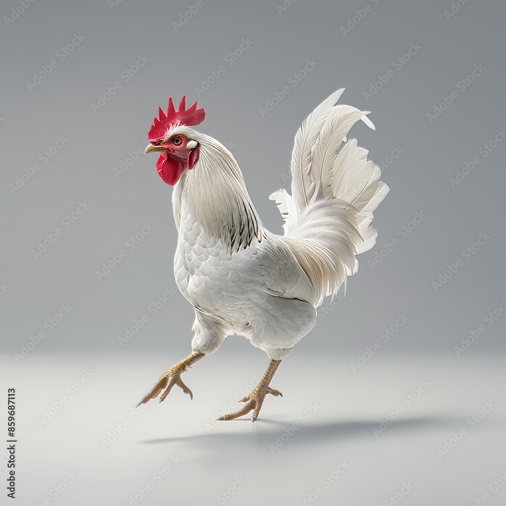 White Rooster Walking on a Gray Background