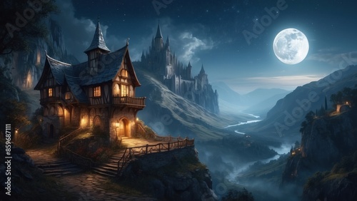 Fantastic castle landscape, winter in the mountains