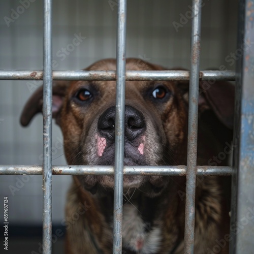 A dog is looking out of a cage with its nose in the bars © PuiZera