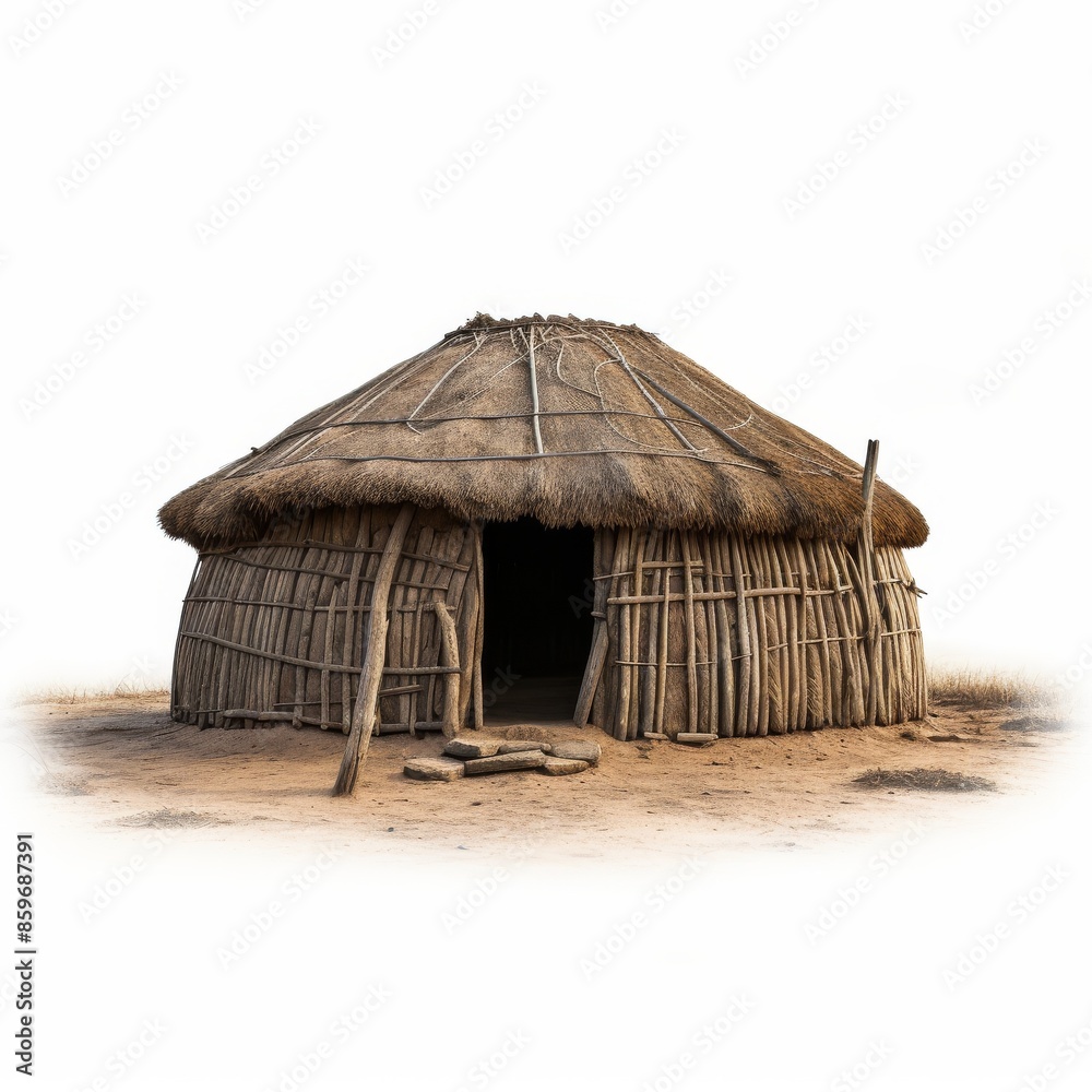 Traditional Mud Brick Hut With Thatched Roof in Isolated White Background Traditional Mud Brick Hut With Thatched Roof in Isolated White Background