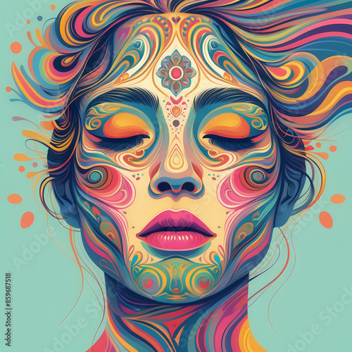 Colorful illustration of a woman's face embracing psychedelic 'flower power' revival, featuring vibrant colors and retro artistic vibes